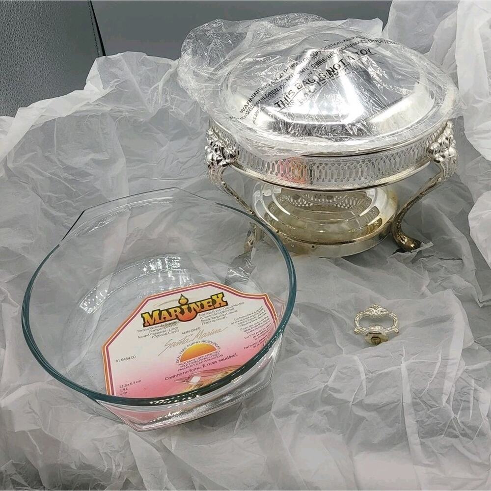 NEW Marinex Vintage Silverplated Chafing Dish w/9" Glass 2qt Casserole Pan